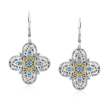 Load image into Gallery viewer, Sterling Silver and Yellow Gold 14K Blue Topaz Quatrefoil Fancy Earrings with Diamonds