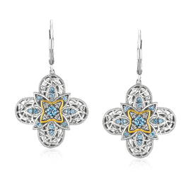 Sterling Silver and Yellow Gold 14K Blue Topaz Quatrefoil Fancy Earrings with Diamonds
