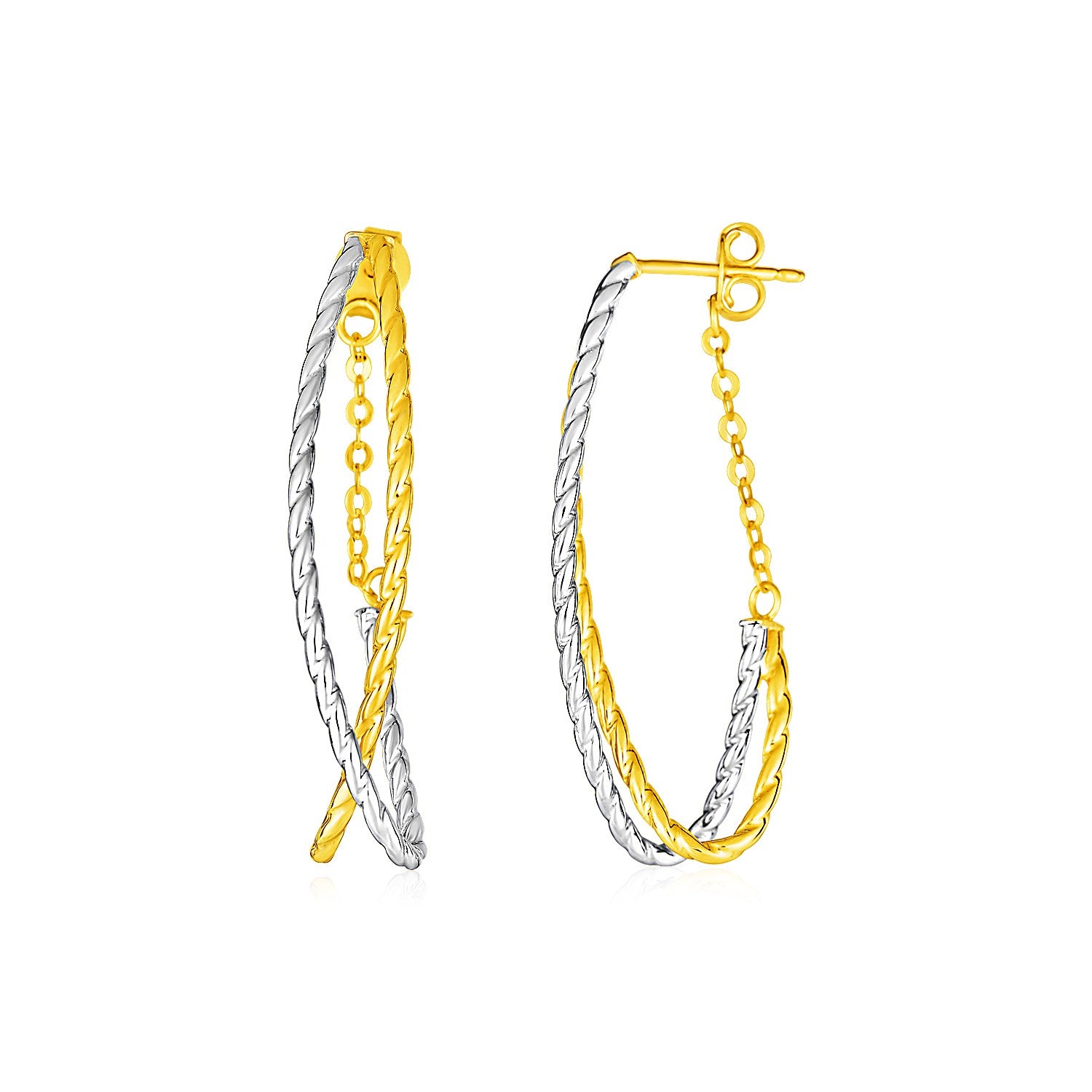Two Tone Gold 14k Two Part Oval Textured Hoop Earrings with Push Back Chain