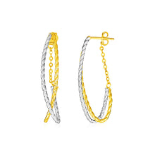 Load image into Gallery viewer, Two Tone Gold 14k Two Part Oval Textured Hoop Earrings with Push Back Chain