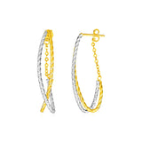 Two Tone Gold 14k Two Part Oval Textured Hoop Earrings with Push Back Chain
