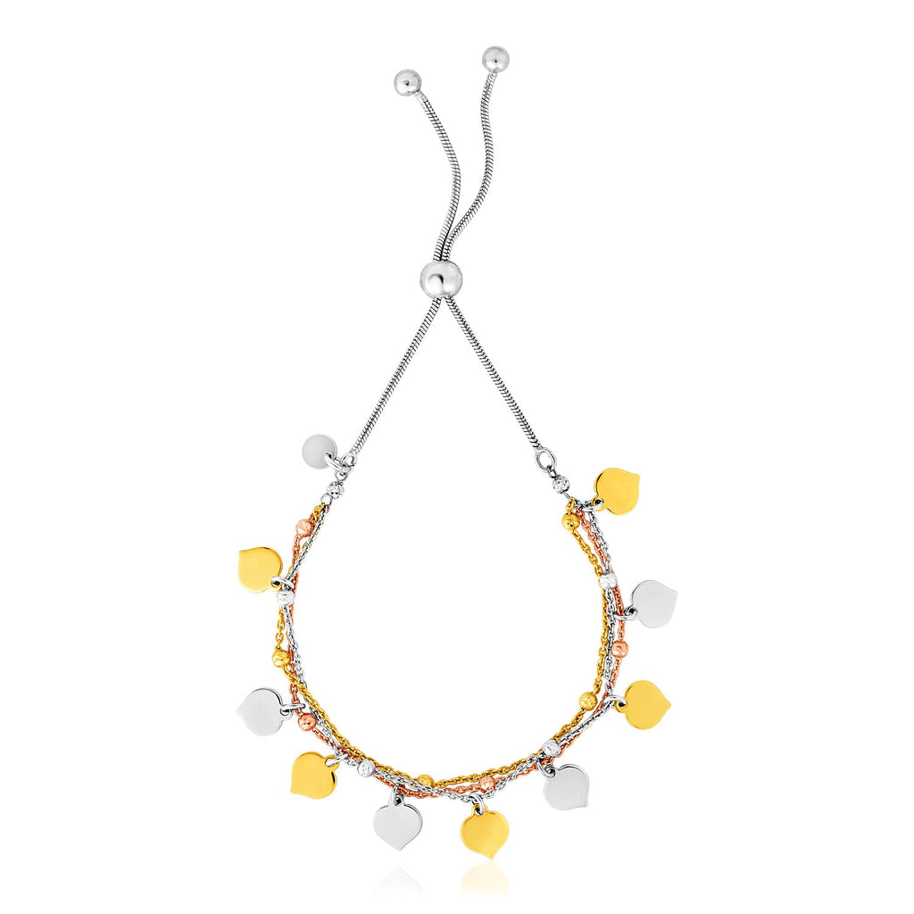 Sterling Silver Adjustable Three Toned Friendship Women's Bracelet with Polished Hearts