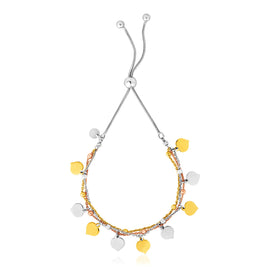 Sterling Silver Adjustable Three Toned Friendship Women's Bracelet with Polished Hearts