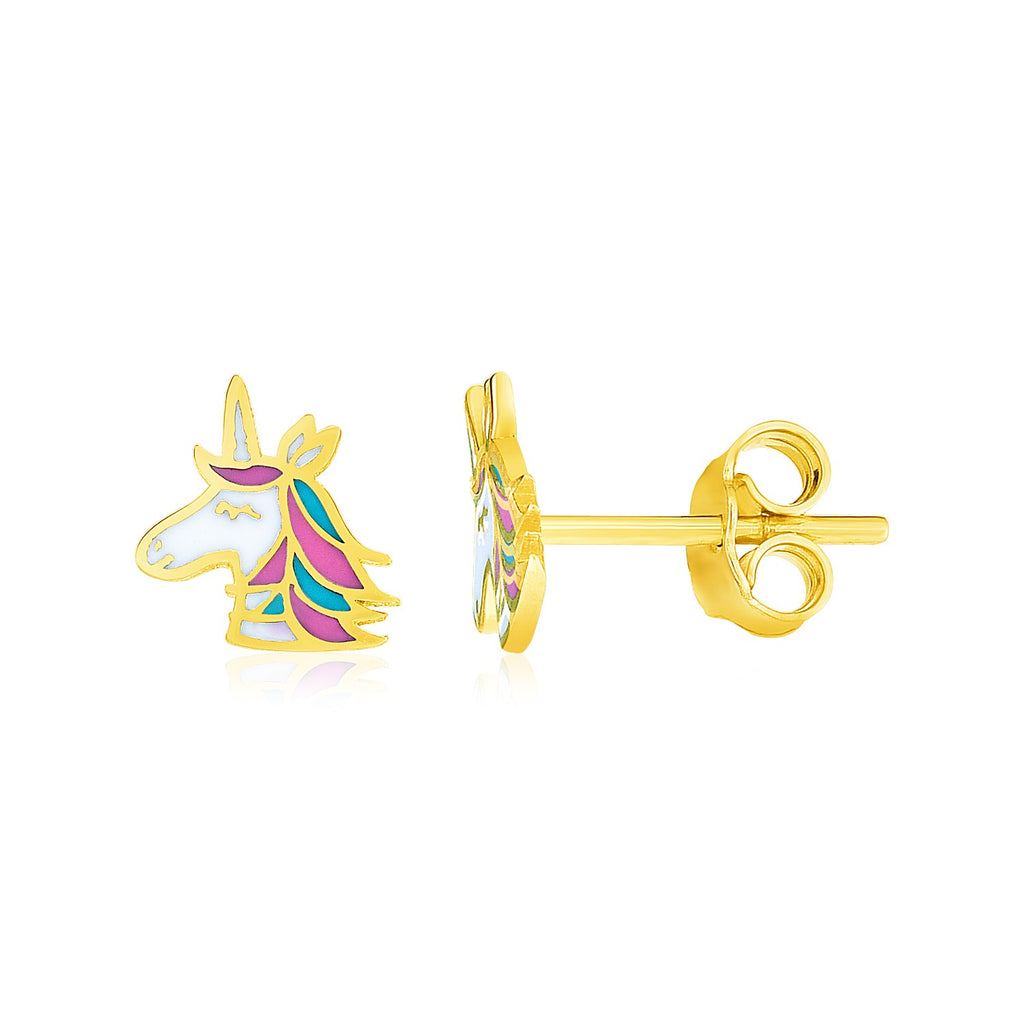 Yellow Gold 14k Enameled Magical Unicorn Childrens Earrings