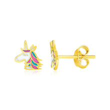 Load image into Gallery viewer, Yellow Gold 14k Enameled Magical Unicorn Childrens Earrings