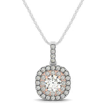 Load image into Gallery viewer, White And Rose Gold 14k Cushion Shape Halo Diamond Pendant