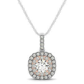 White And Rose Gold 14k Cushion Shape Halo Diamond Pendant