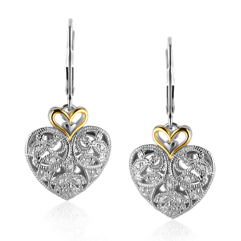 Yellow Gold 14k and Sterling Silver Intricate Filigree Heart Drop Earrings