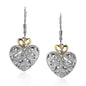 Yellow Gold 14k and Sterling Silver Intricate Filigree Heart Drop Earrings