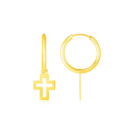 Yellow Gold 14k Polished Hoop Earrings with Crosses & Hinged Snap Back