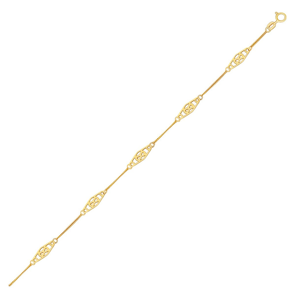 Yellow Gold 14k Anklet with Fancy Diamond Shape Filigree Stations