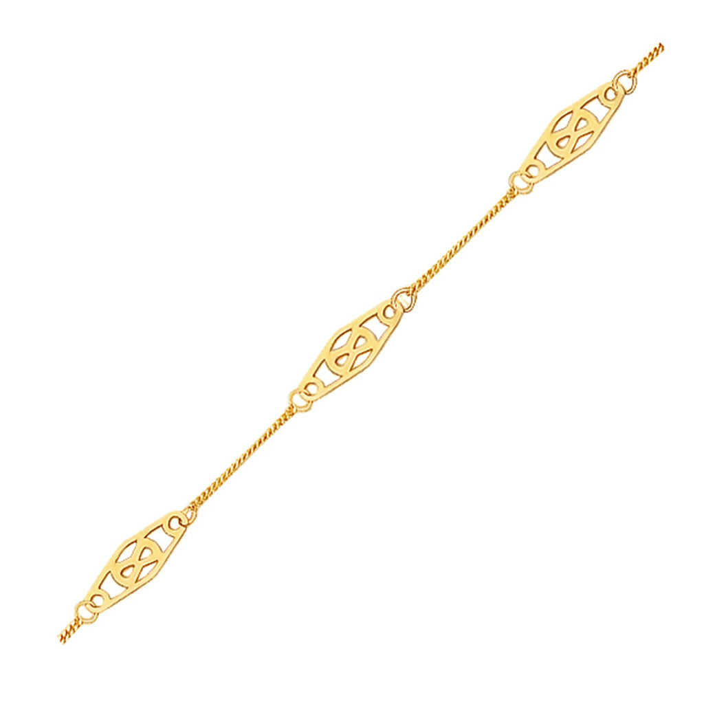 Yellow Gold 14k Anklet with Fancy Diamond Shape Filigree Stations