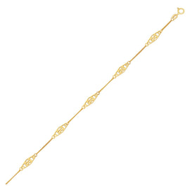 Yellow Gold 14k Anklet with Fancy Diamond Shape Filigree Stations