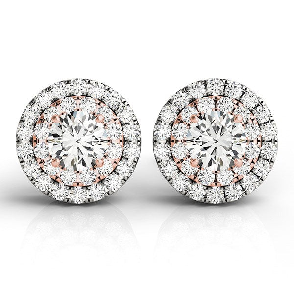 White and Rose Gold 14k Round Diamond Halo Earrings