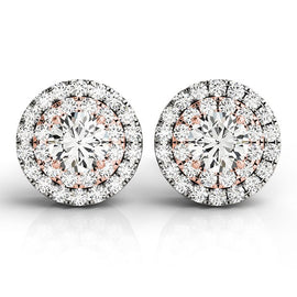 White and Rose Gold 14k Round Diamond Halo Earrings