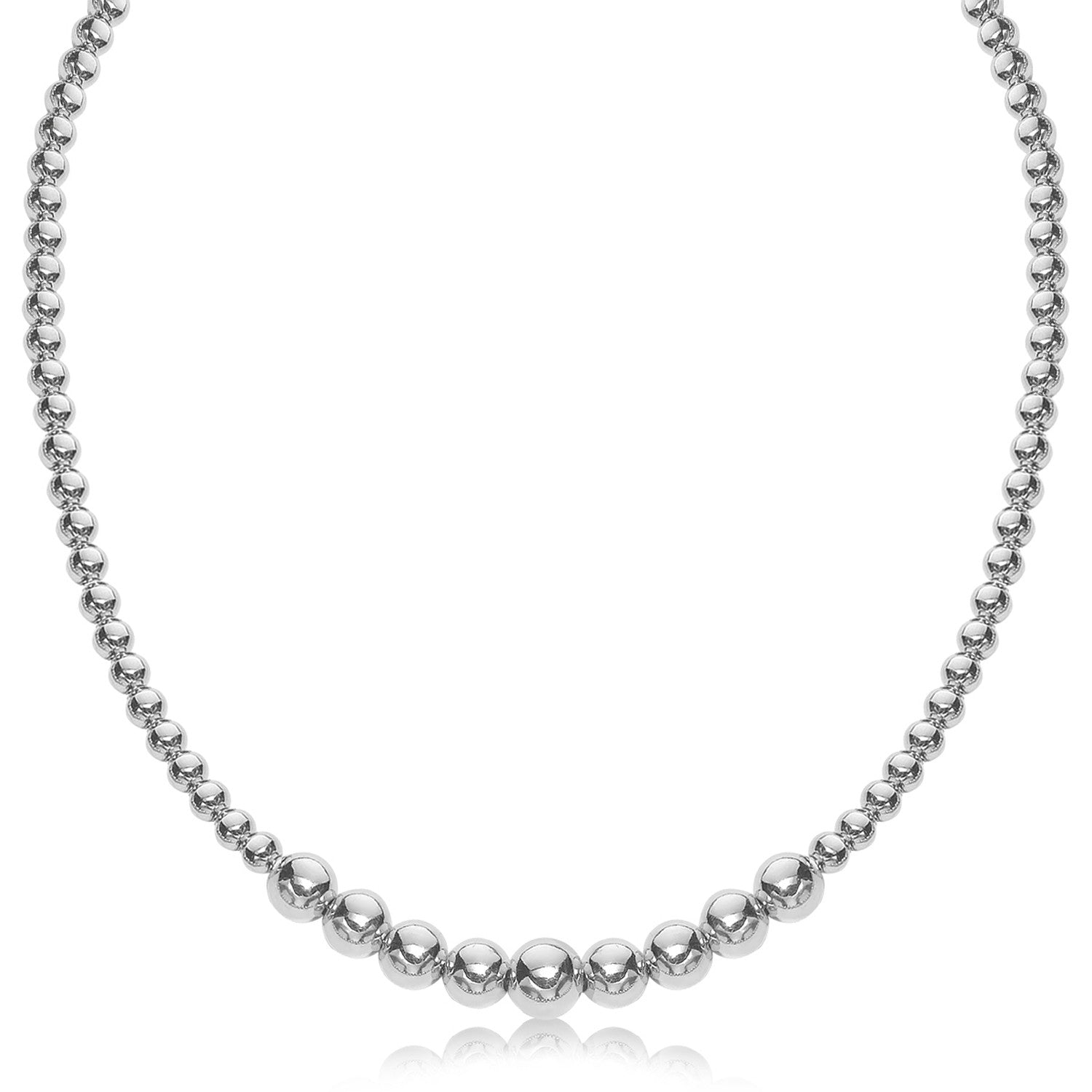 Sterling Silver Rhodium Plated Graduated Motif Polished Bead Women's Fancy Necklace