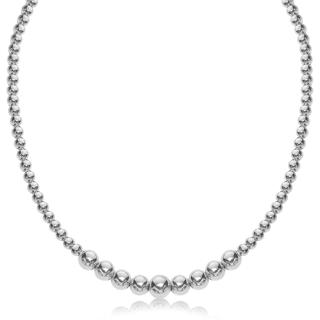 Sterling Silver Rhodium Plated Graduated Motif Polished Bead Women's Fancy Necklace