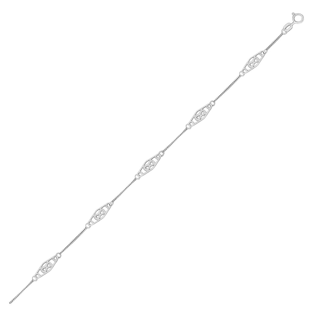 White Gold 14k Anklet with Fancy Diamond Shape Filigree Stations