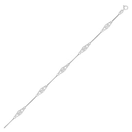 White Gold 14k Anklet with Fancy Diamond Shape Filigree Stations