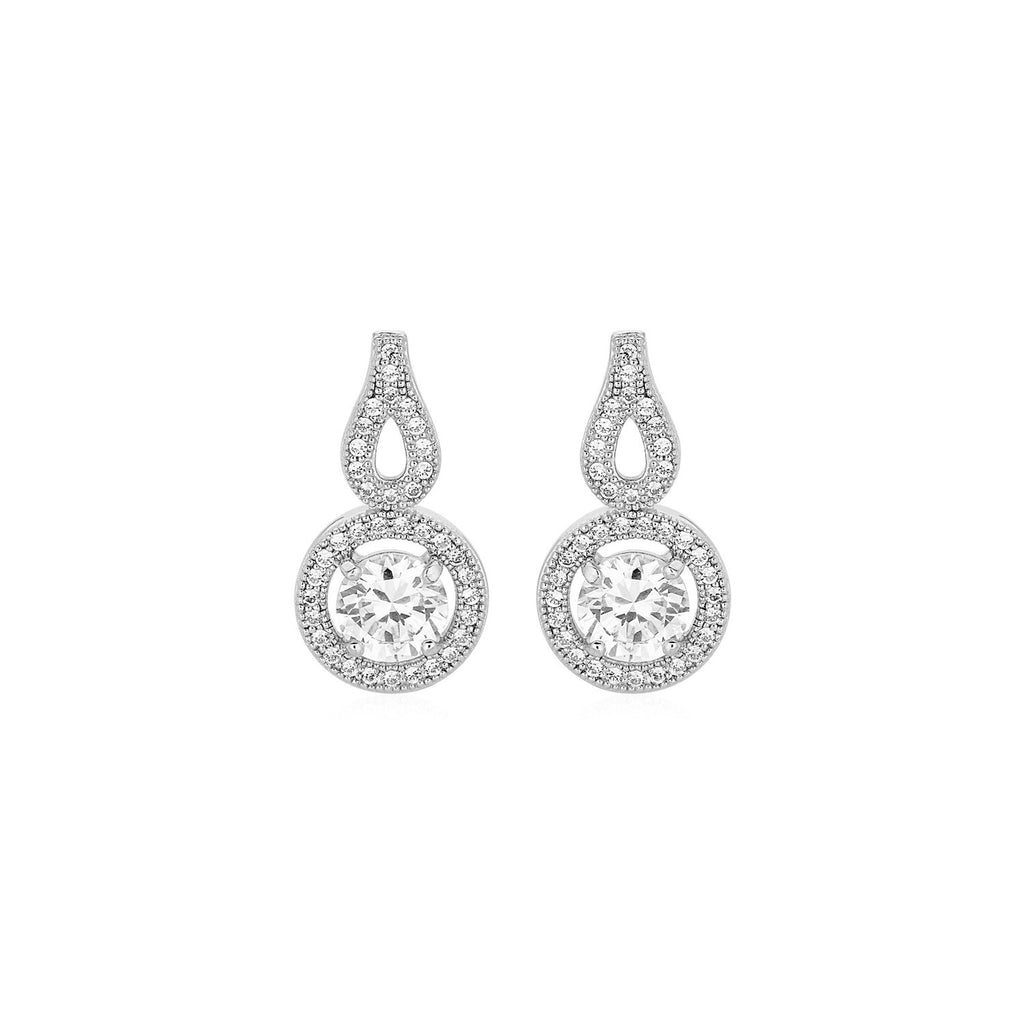 Fancy Earrings with Circle and Teardrop Motif with Cubic Zirconia in Sterling Silver