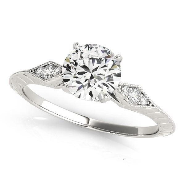 White Gold 14k 1 Diamond Antique Style with Side Clusters Engagement Ring