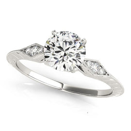 White Gold 14k 1 Diamond Antique Style with Side Clusters Engagement Ring